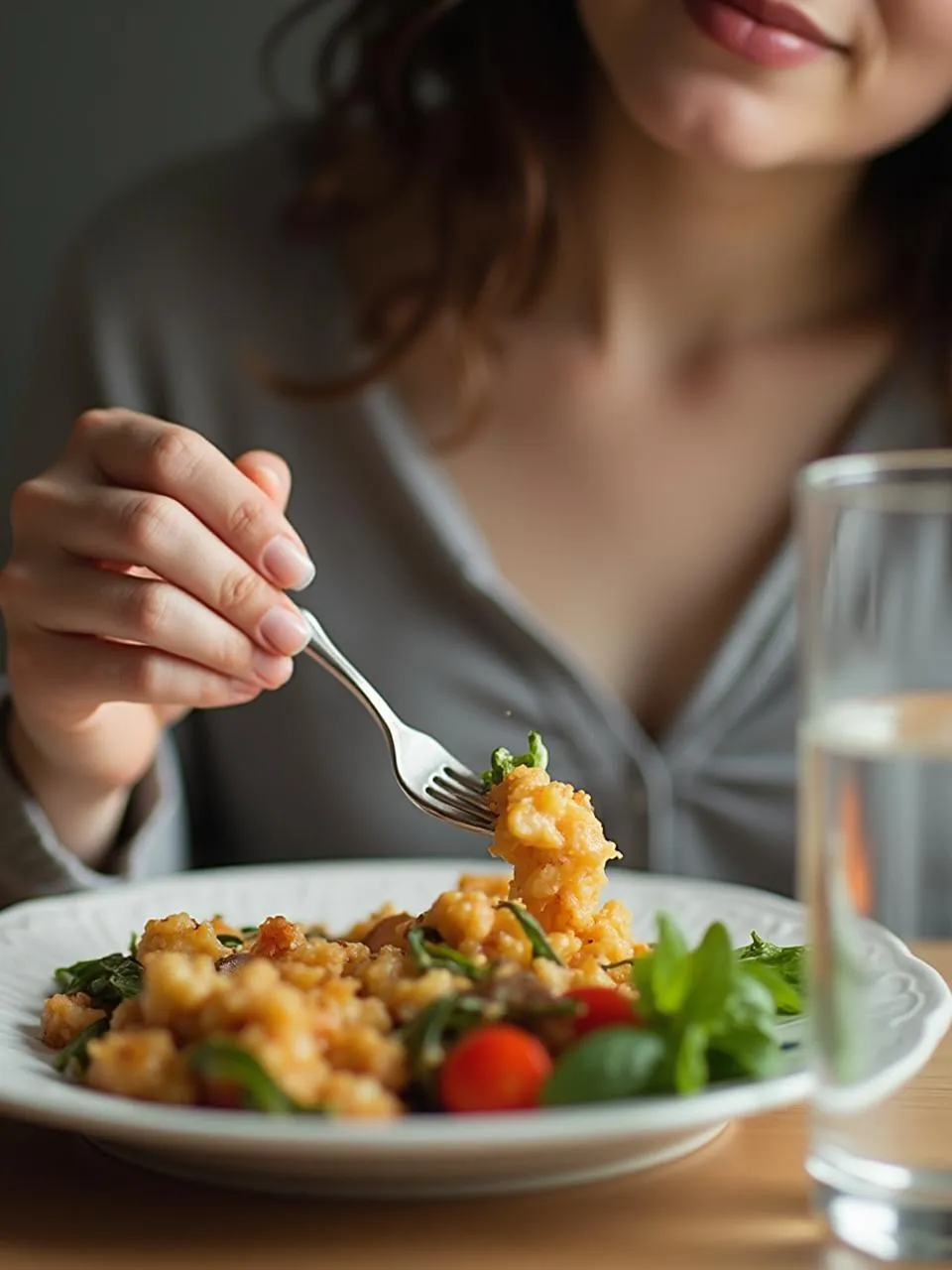 Close-up of a person eating mindfully with a fork resting between bites, healthy food on the plate, and no distractions in the scene.