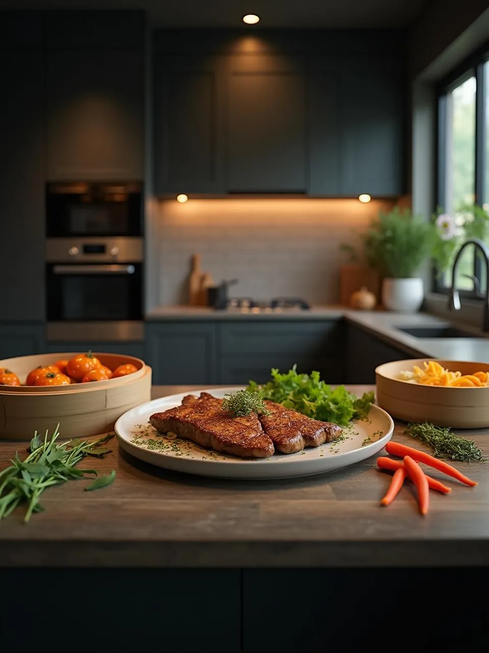 An overhead view of a sleek, modern kitchen workspace featuring plant-based cooking: a marble countertop adorned with fresh vegetables (zucchini, tomatoes, leafy greens), colorful glass jars of grains and legumes, and a digital tablet displaying a recipe, bathed in natural light.