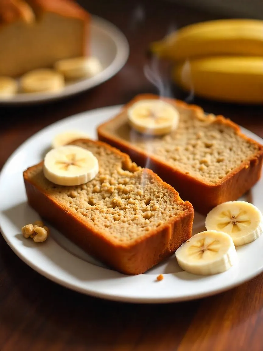 Slices of moist steamed banana bread garnished with banana slices and walnuts on a white plate. 