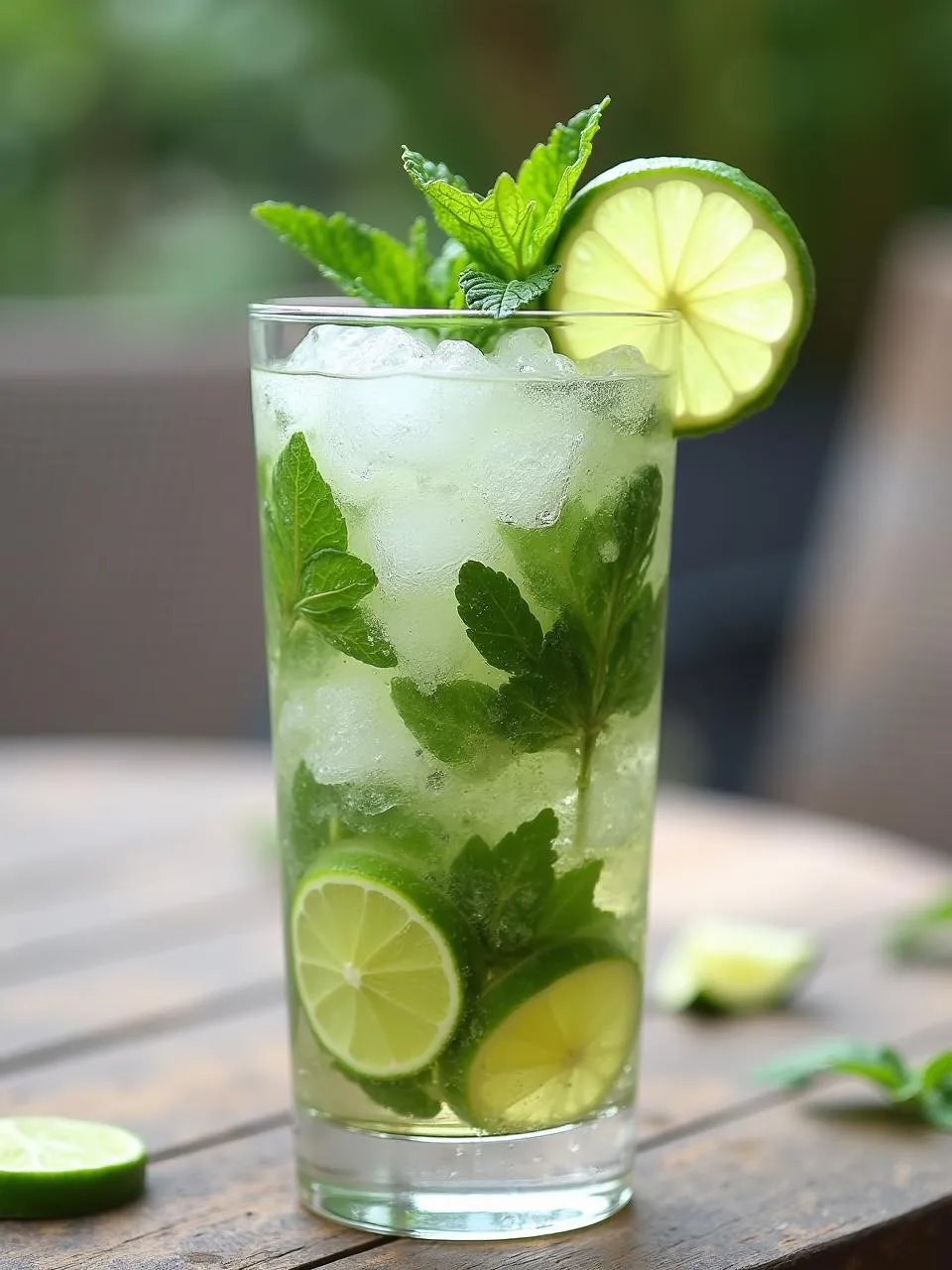 Classic Mojito with mint leaves, lime wedges, and crushed ice in a tall glass, garnished with mint and lime wheel.