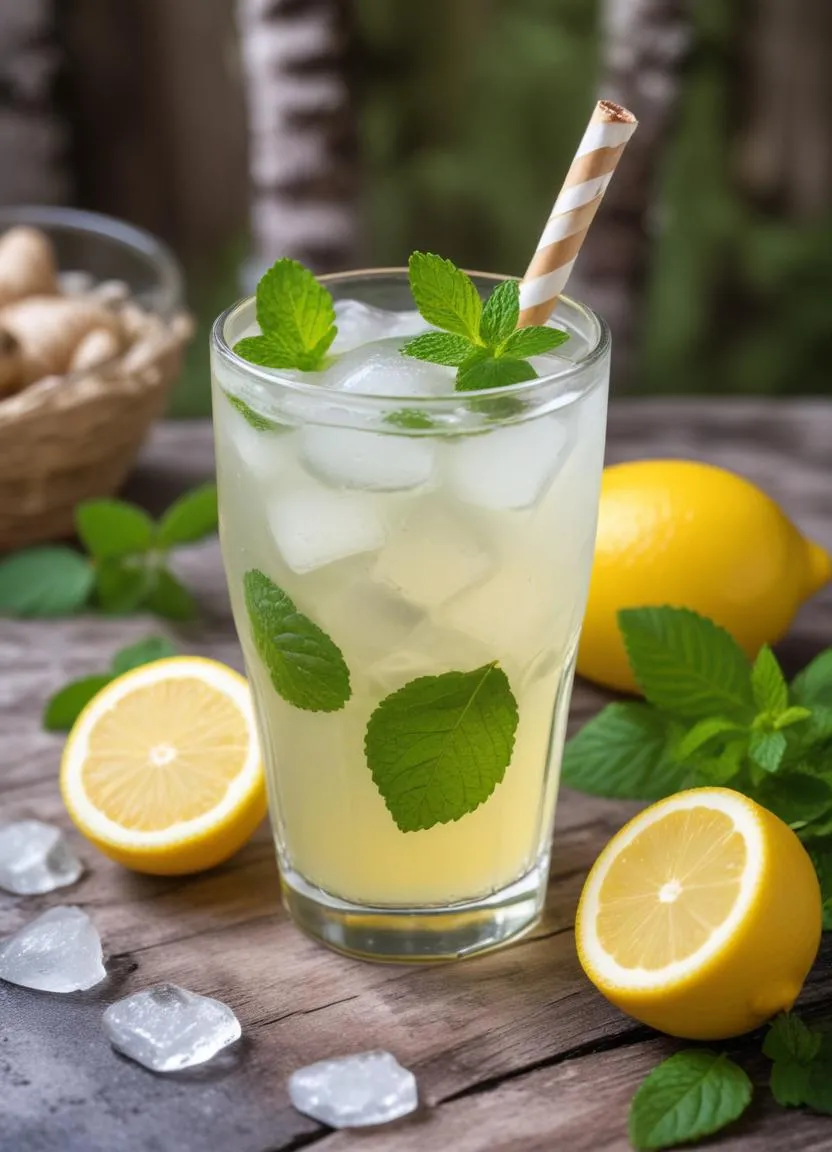 Mineral-rich birch sap drink with lemon and mint — a natural, low-calorie hydration option, captured in a clean and minimal spring setting.