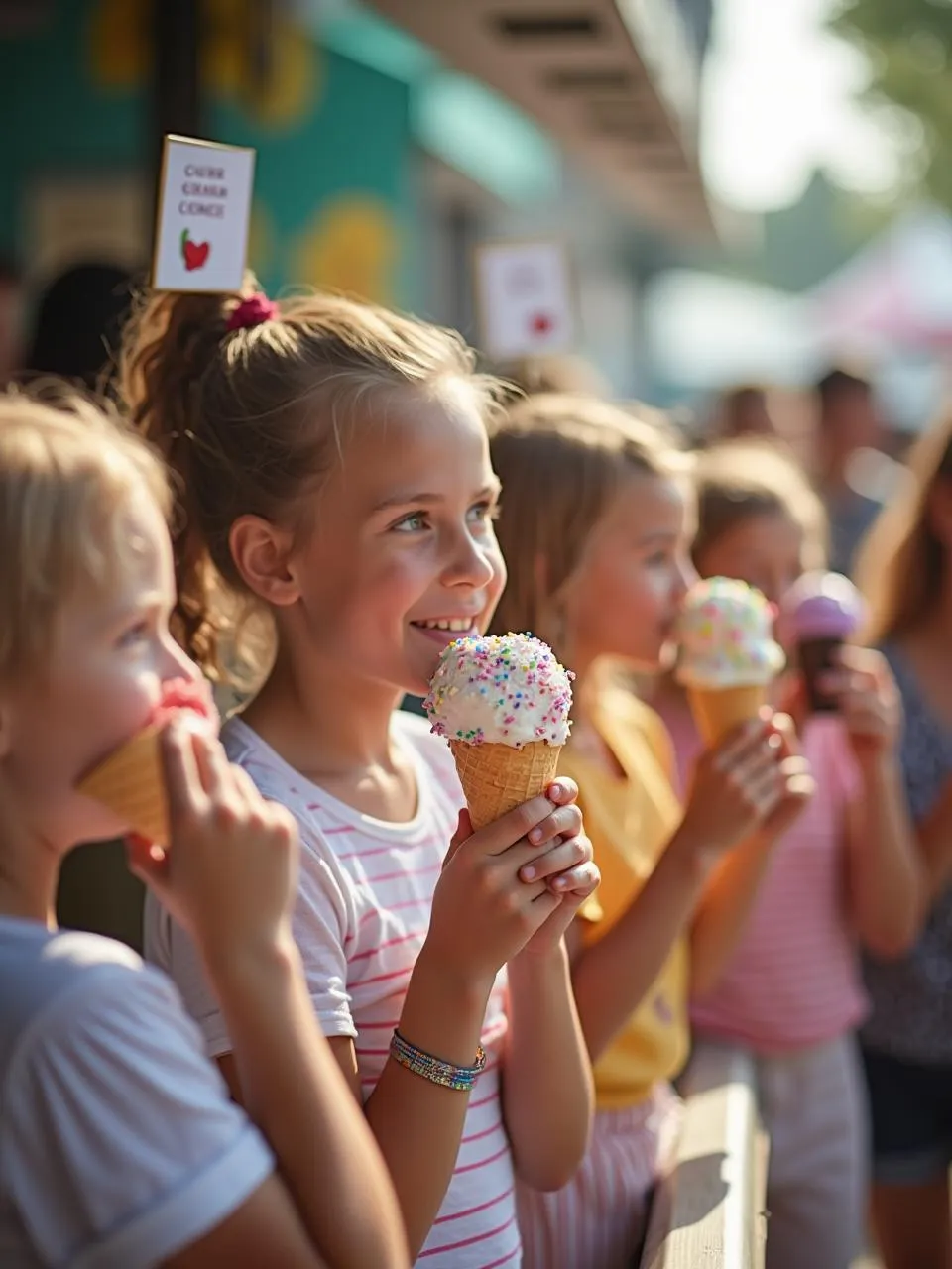 People celebrating National Ice Cream Cone Day with colorful cones, smiles, and festive decorations on a sunny summer day.
