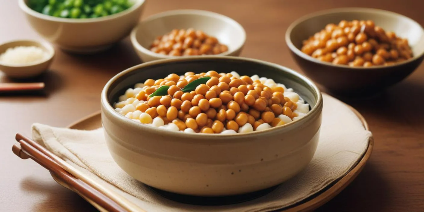 Traditional Japanese natto dish showing stringy fermented soybeans on top of white rice, ready to be enjoyed.