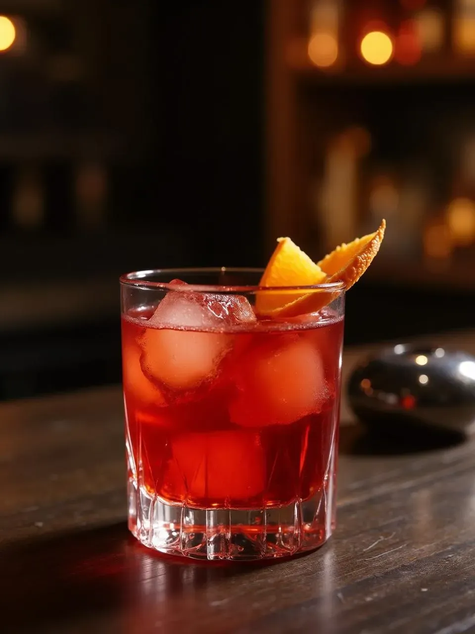 Negroni cocktail made with gin, Campari, and sweet vermouth — served over ice as a classic Italian aperitif.
