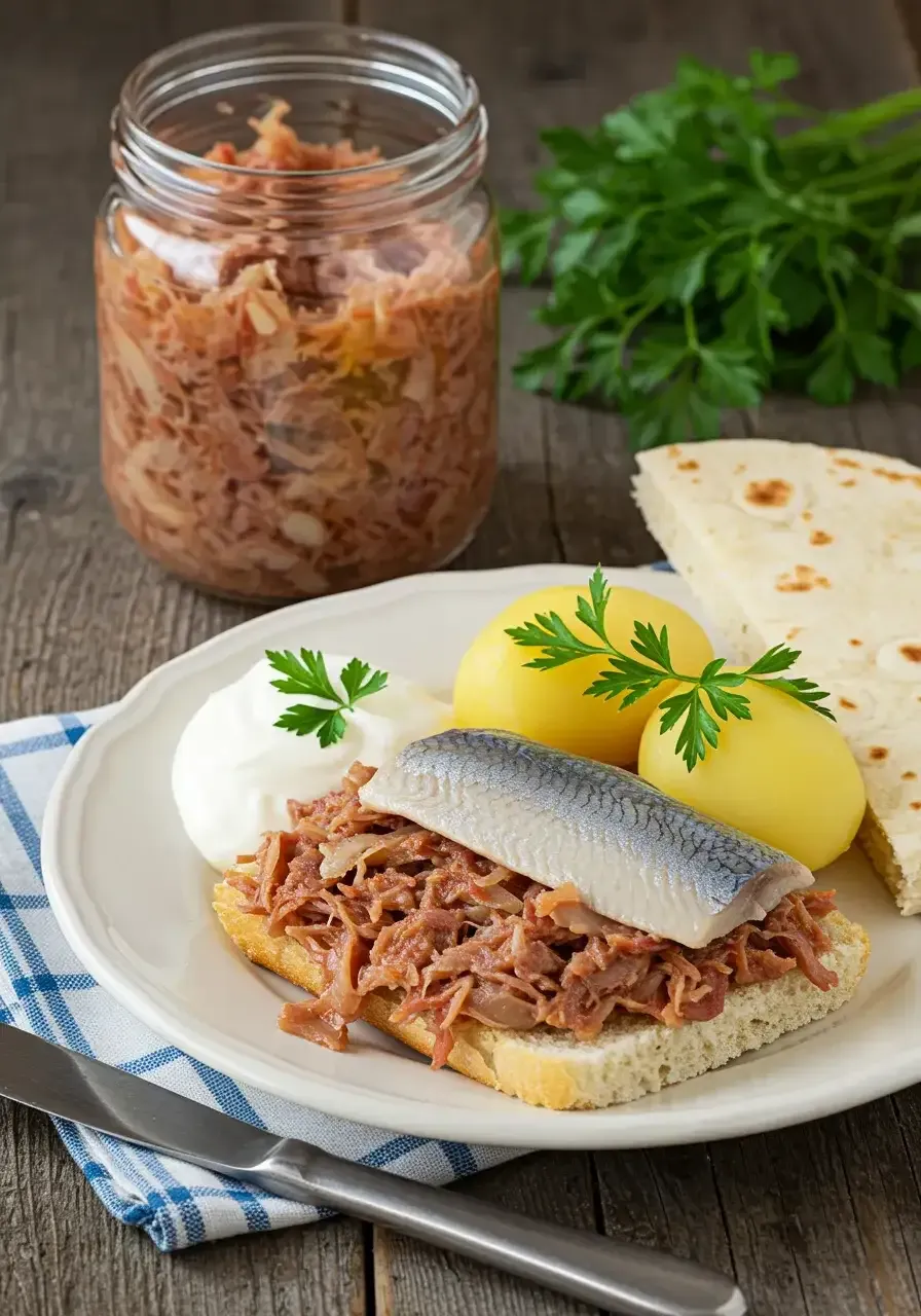 A traditional Swedish dish of surströmming: fermented herring served with boiled potatoes, flatbread, and sour cream.