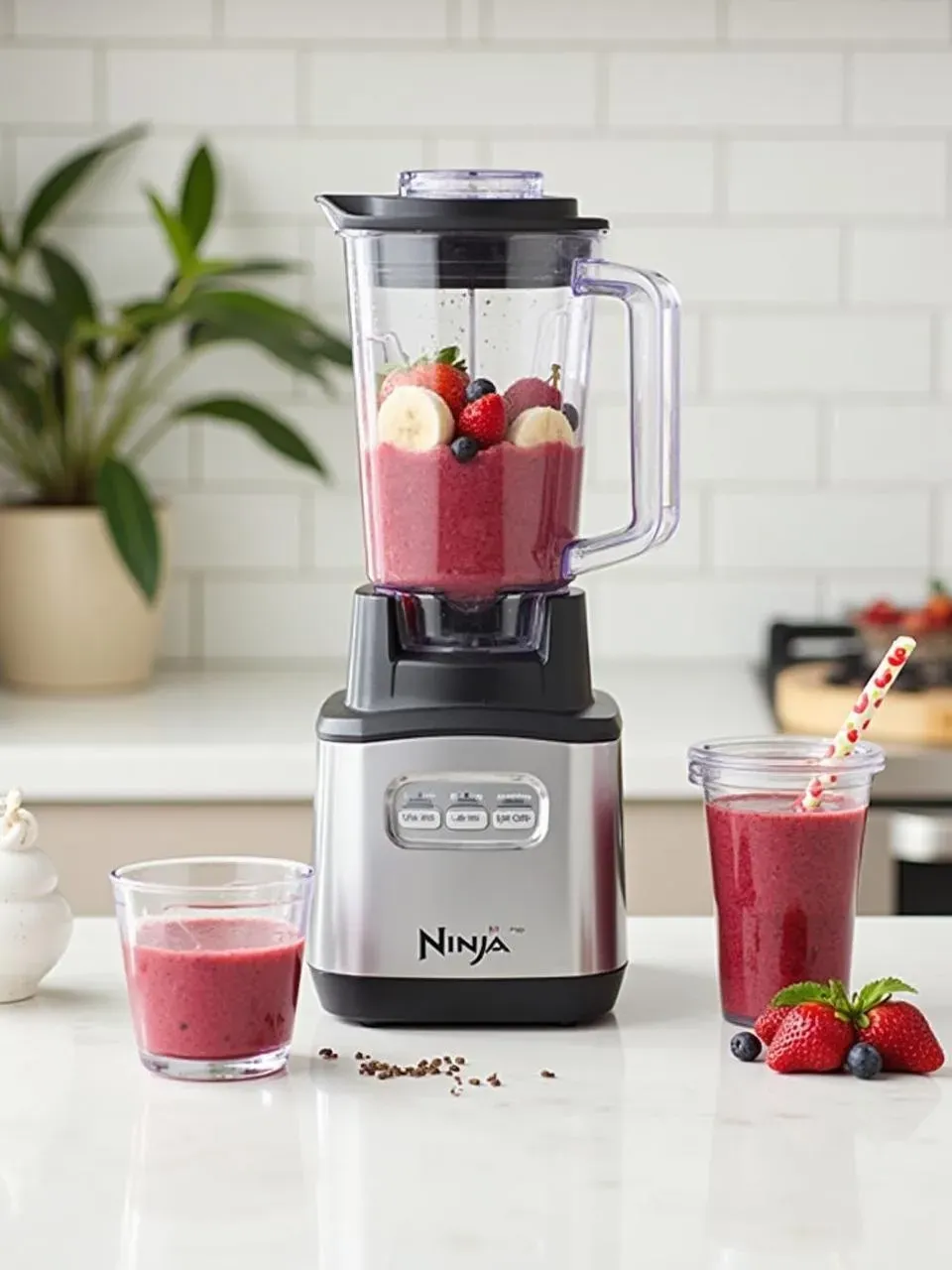 Ninja Fit Personal Blender blending a smoothie with fresh berries and banana on a clean counter, with to-go cup and ingredients nearby.