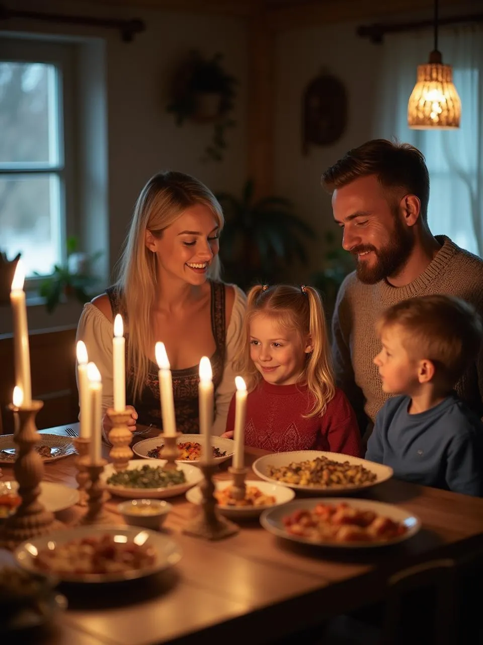 Family dinner with Fårikål in a cozy Norwegian home.