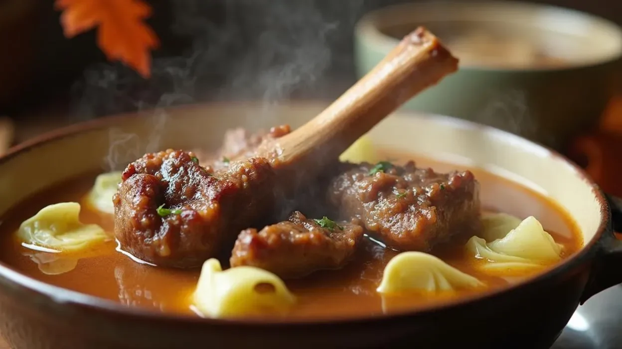 Close-up of Norwegian lamb and cabbage stew steaming in a bowl.