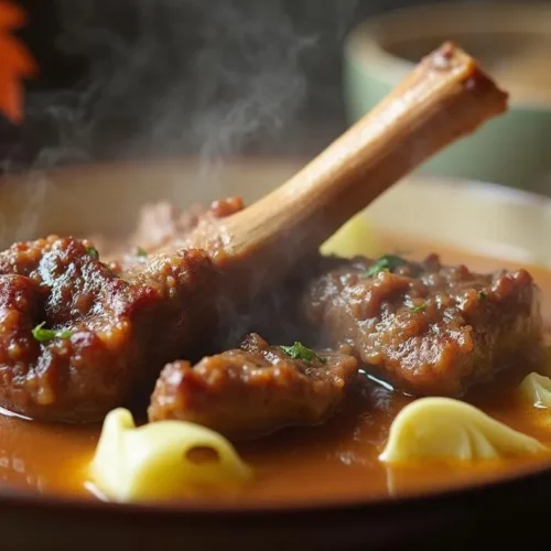 Close-up of Norwegian lamb and cabbage stew steaming in a bowl.