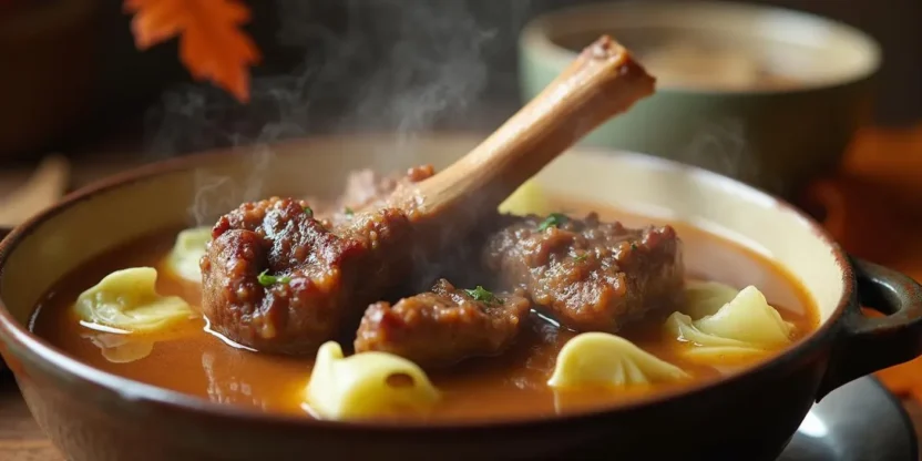 Close-up of Norwegian lamb and cabbage stew steaming in a bowl.