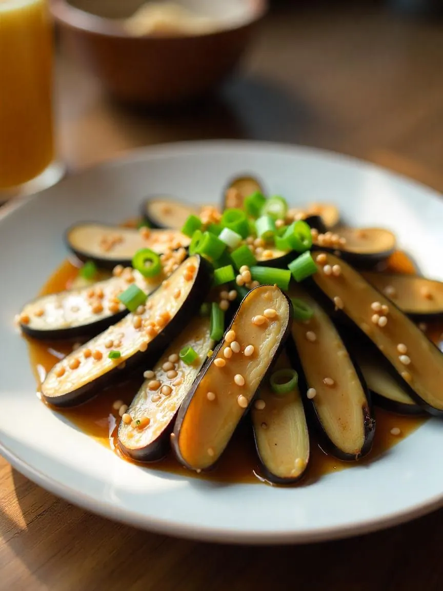 Steamed eggplant strips topped with creamy nutty sauce, sesame seeds, and green onions on a white plate. 