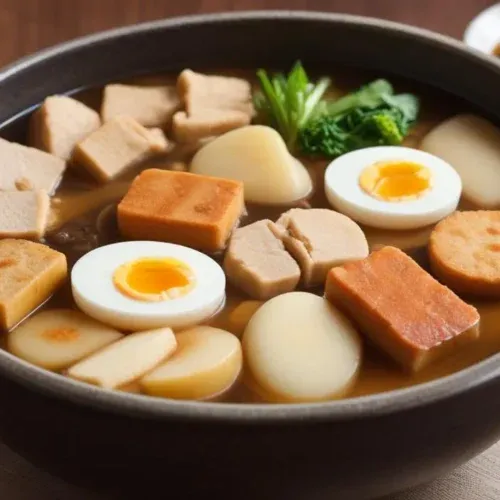 A simmering pot of Japanese oden featuring assorted ingredients—daikon radish slices, boiled eggs, konnyaku, various fish cakes, and kombu—in a light soy-flavored dashi broth.