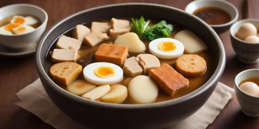 A simmering pot of Japanese oden featuring assorted ingredients—daikon radish slices, boiled eggs, konnyaku, various fish cakes, and kombu—in a light soy-flavored dashi broth.