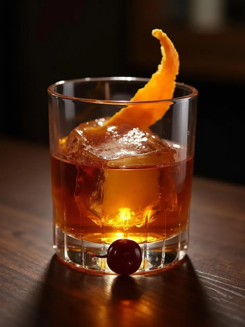 Classic Old Fashioned cocktail with whiskey, bitters, orange peel, and a cherry, served in a crystal rocks glass with a large ice cube.