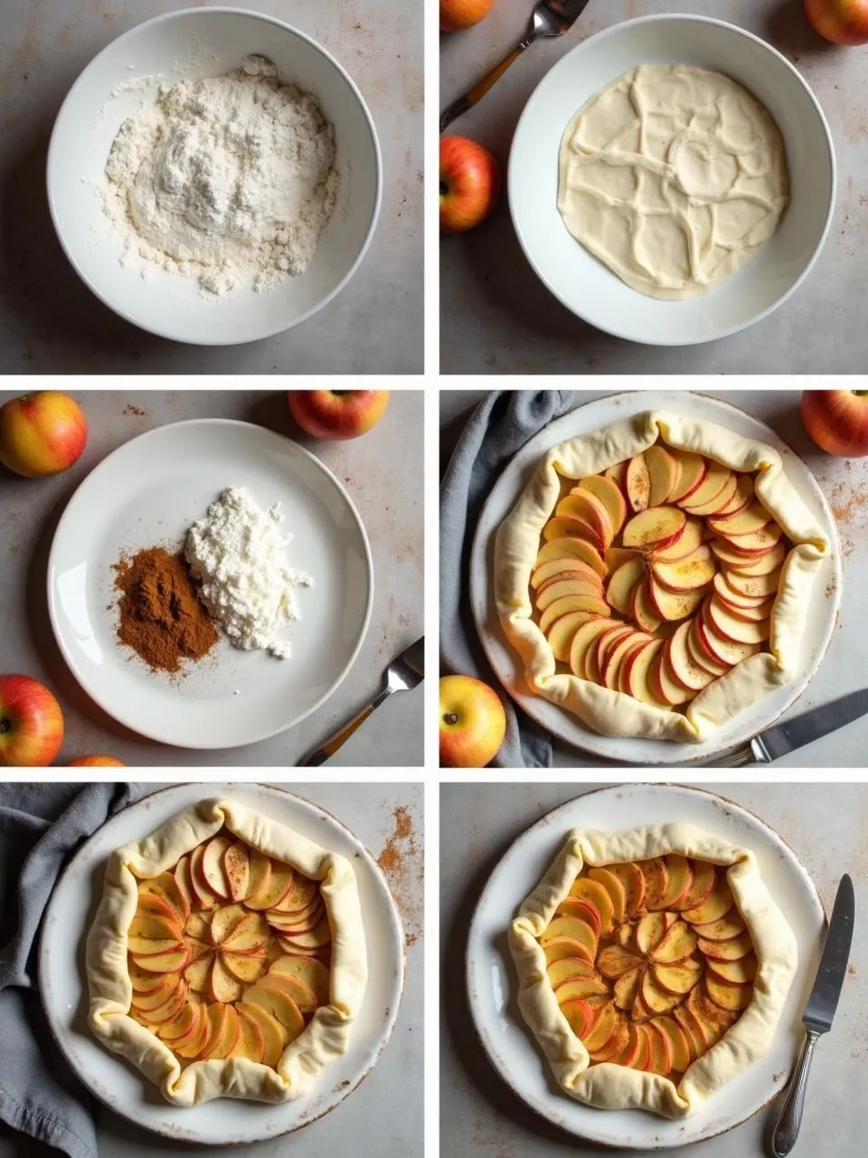 Step-by-step process of making Omenapiirakka, a Finnish apple pie with a flaky crust and spiced apple filling, prepared in a rustic Nordic kitchen.