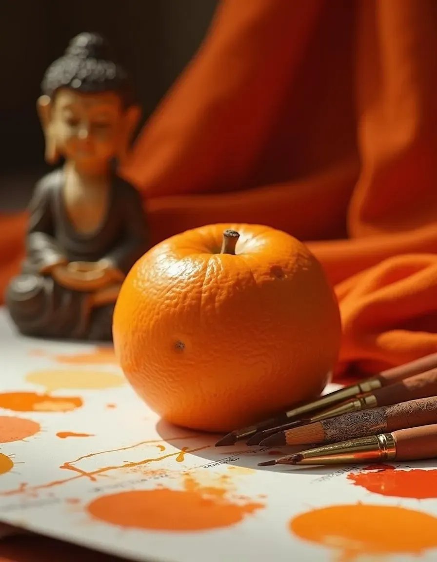 Orange fruit on an artist’s desk with color swatches and cultural symbols, representing orange’s artistic and spiritual meaning.
