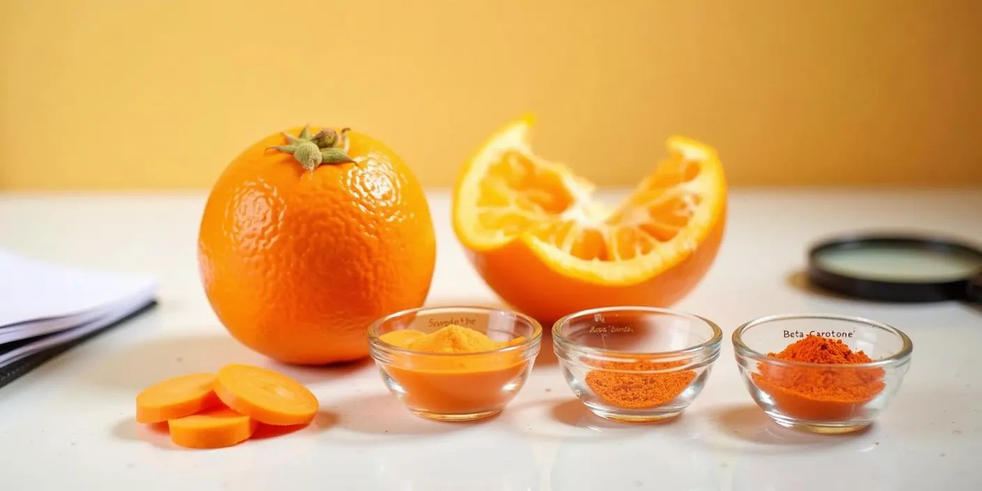Close-up of orange fruit next to beta-carotene and carrot slices, illustrating the science of carotenoids and natural pigment in oranges.

