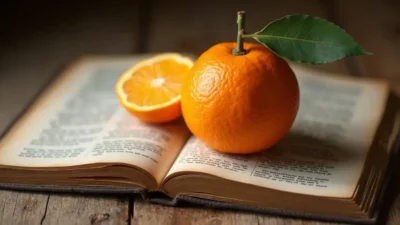 Ripe orange fruit resting on an open dictionary with the word “orange” visible, symbolizing the connection between the fruit and the name.