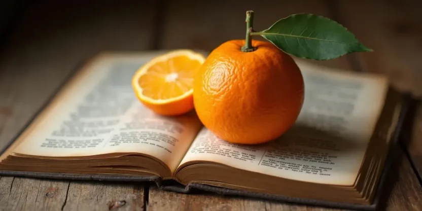 Ripe orange fruit resting on an open dictionary with the word “orange” visible, symbolizing the connection between the fruit and the name.