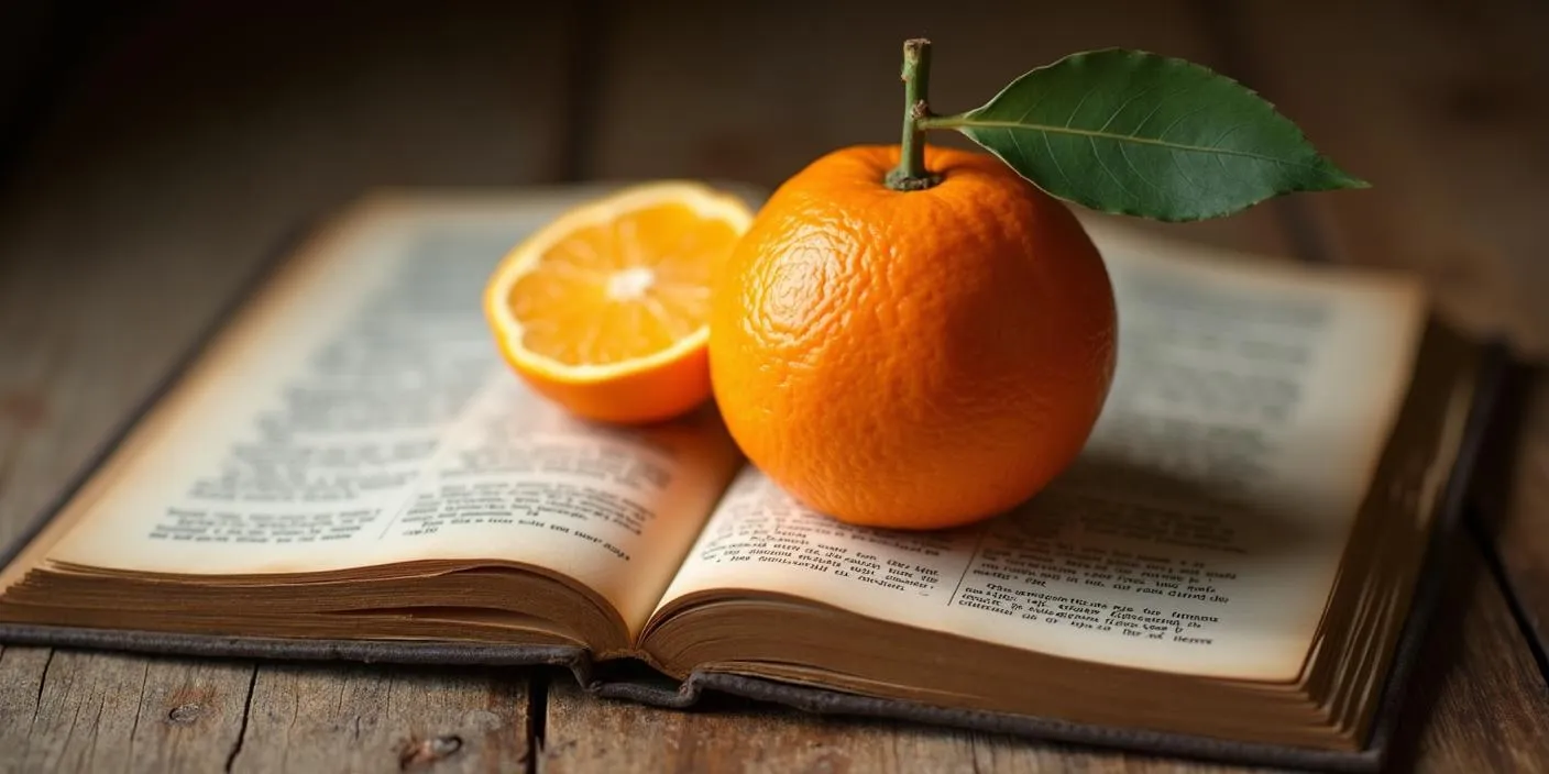 Ripe orange fruit resting on an open dictionary with the word “orange” visible, symbolizing the connection between the fruit and the name.
