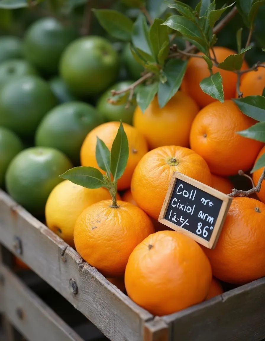 Oranges shown in stages from green to bright orange, highlighting how ripening and climate affect color development.
