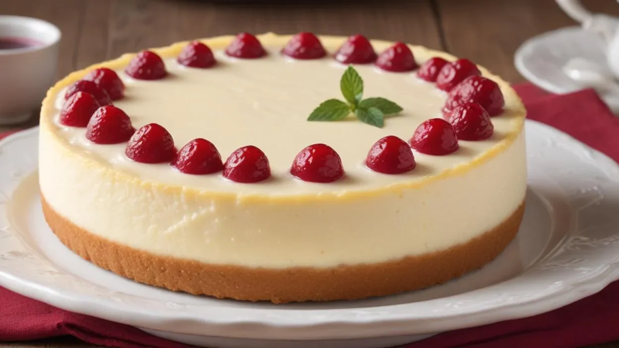 Homemade ostkaka, Sweden’s creamy baked cheesecake, presented with vibrant lingonberry sauce and cream on the side.