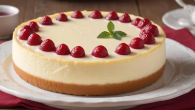 Homemade ostkaka, Sweden’s creamy baked cheesecake, presented with vibrant lingonberry sauce and cream on the side.