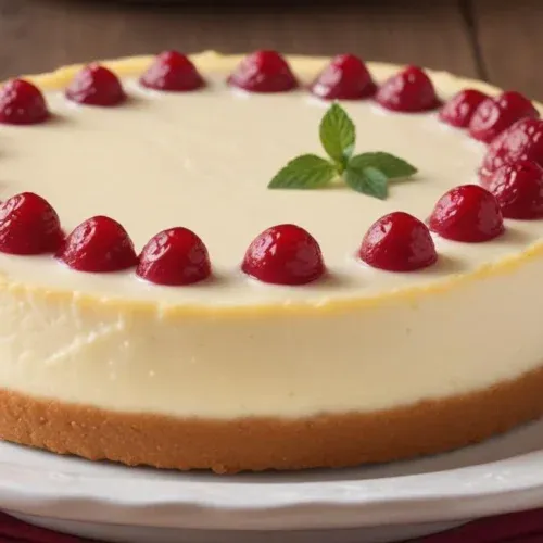 Homemade ostkaka, Sweden’s creamy baked cheesecake, presented with vibrant lingonberry sauce and cream on the side.
