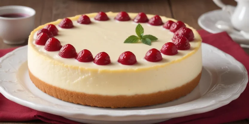 Homemade ostkaka, Sweden’s creamy baked cheesecake, presented with vibrant lingonberry sauce and cream on the side.