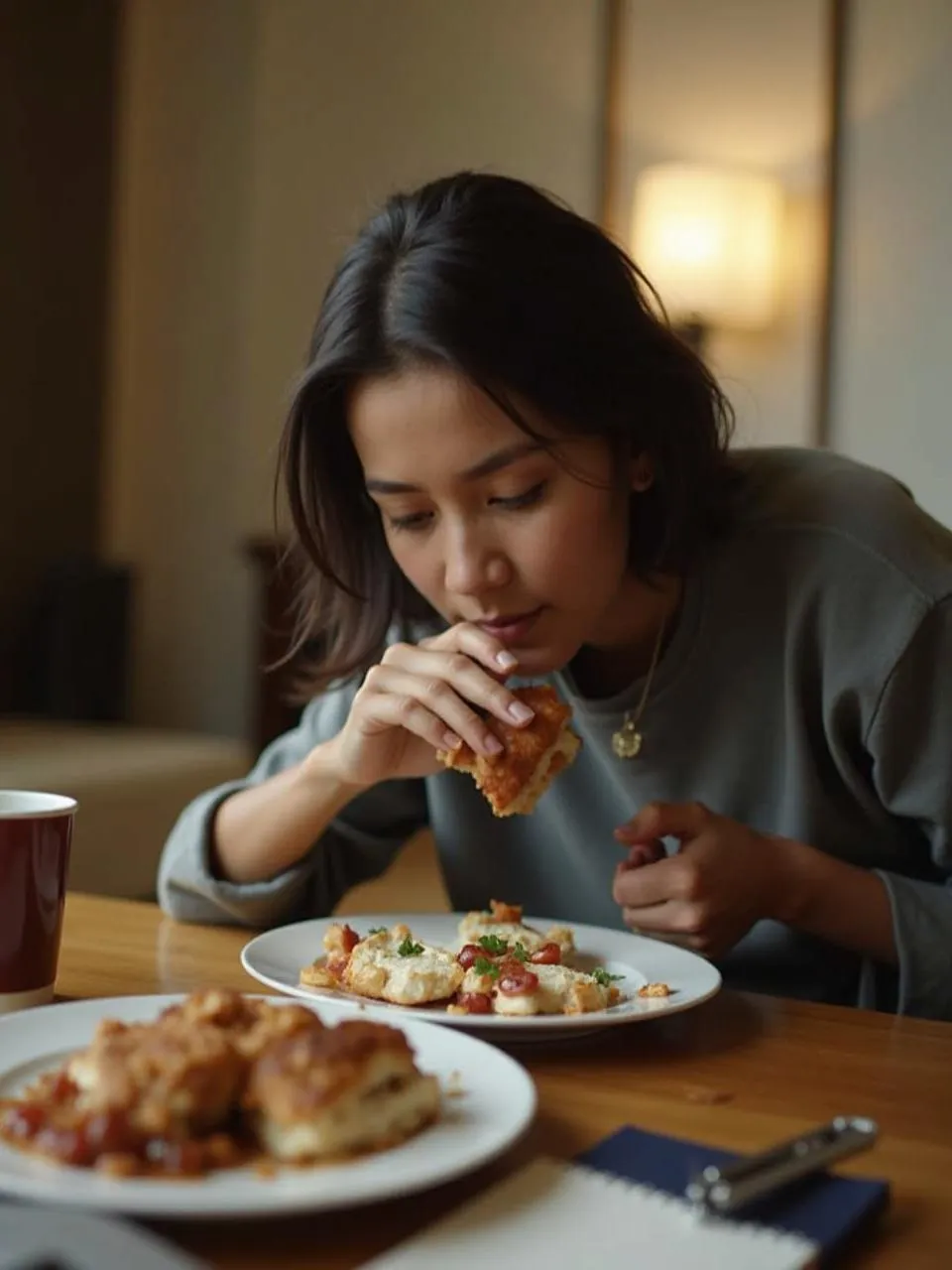 Person eating slowly in a calm space with a phone turned face down and a planner nearby, showing strategies to overcome distractions and stress.