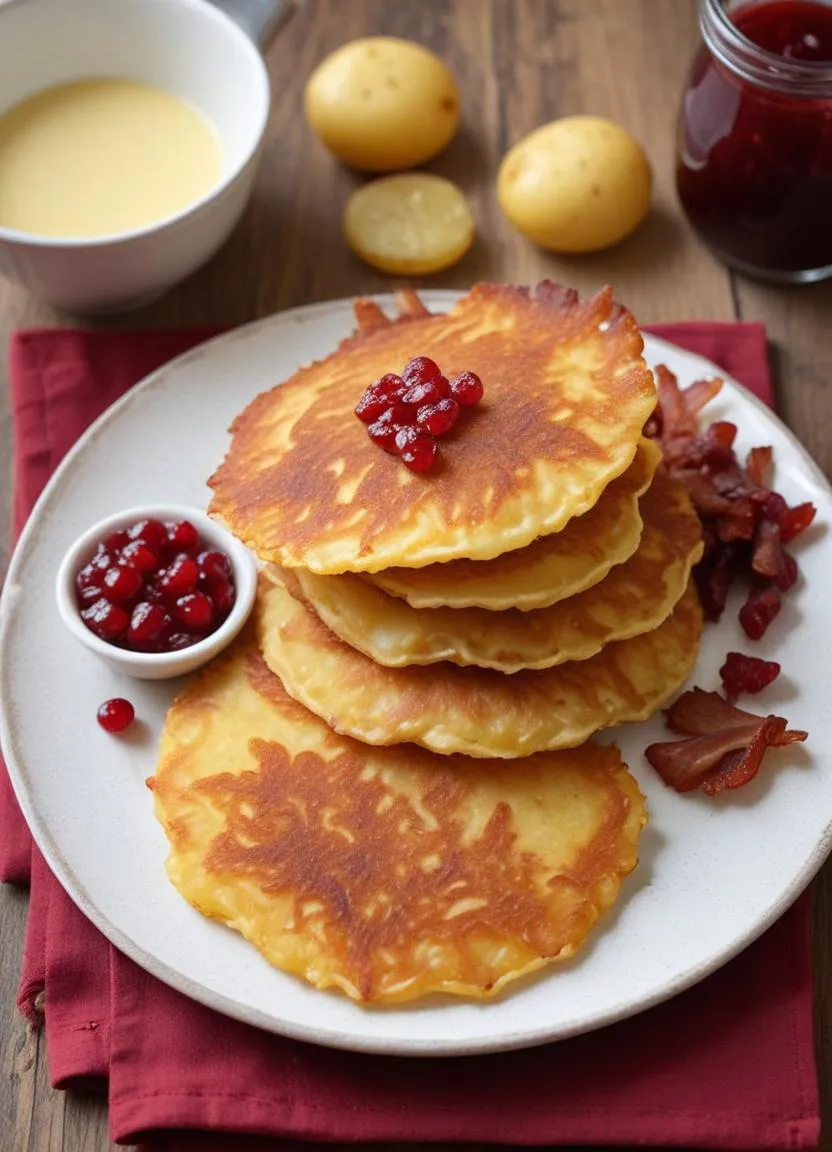 Close-up of Swedish raggmunk, crispy potato pancakes garnished with bacon and a dollop of lingonberry jam.