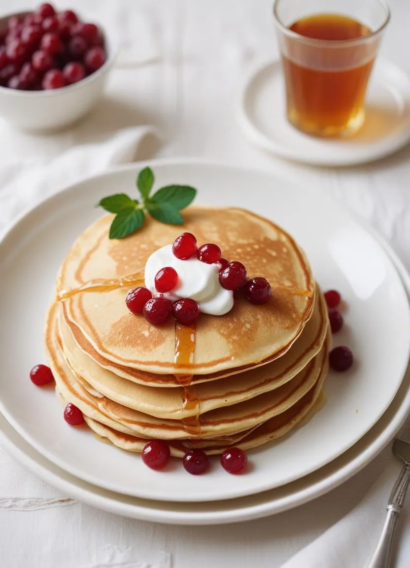 Close-up of golden Swedish pancakes rolled and served with fresh berries and whipped cream.