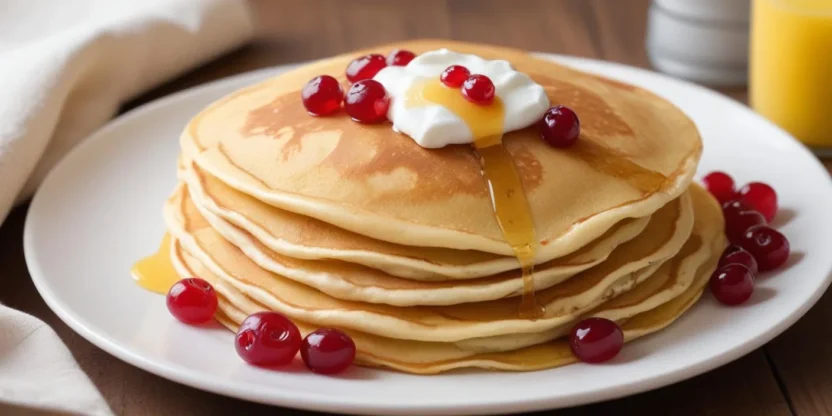 A stack of thin Swedish pannkakor pancakes topped with lingonberry jam and powdered sugar on a white plate.