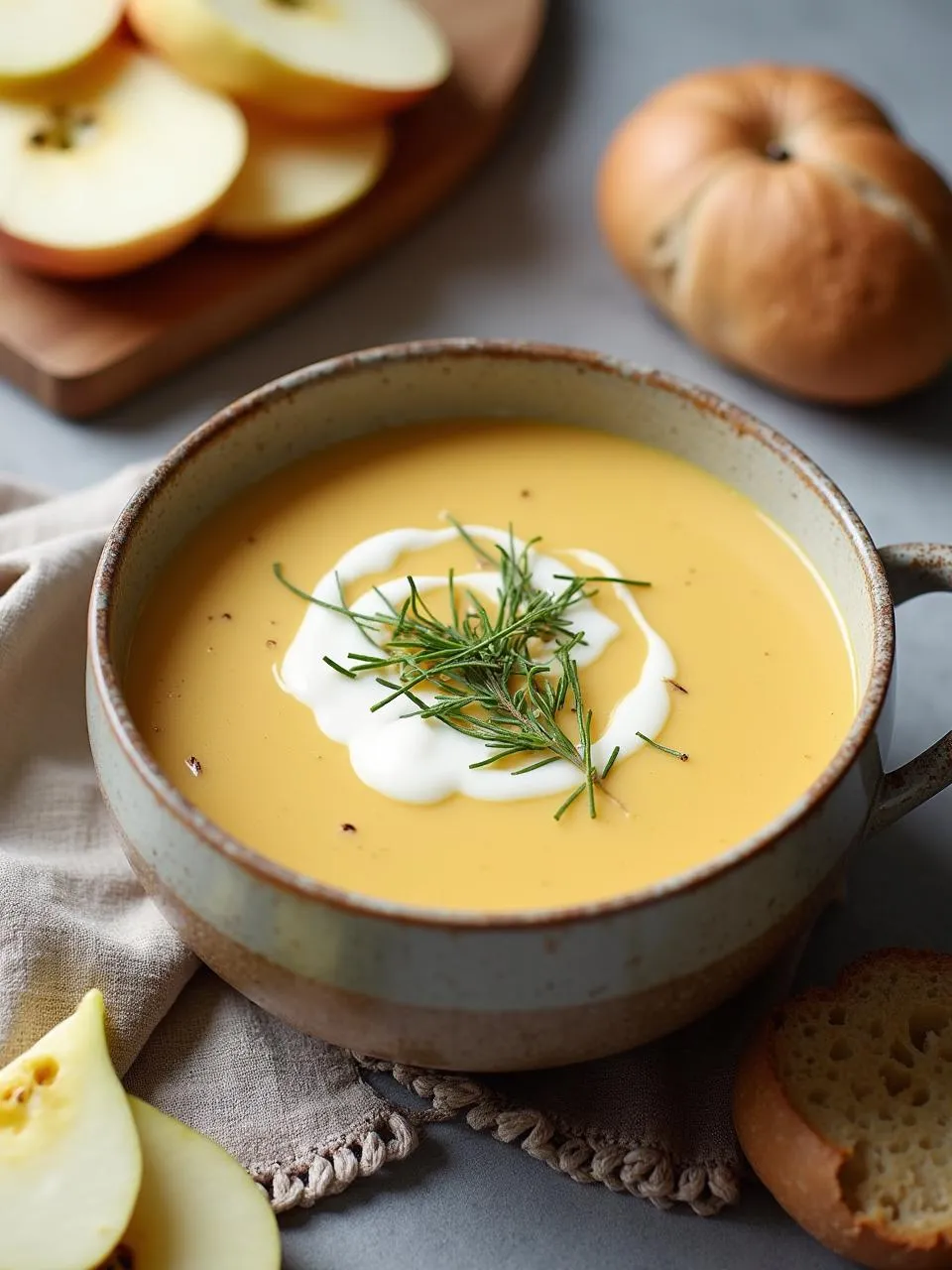Creamy parsnip and apple soup garnished with herbs and cream, served in a ceramic bowl with bread and root vegetables nearby.