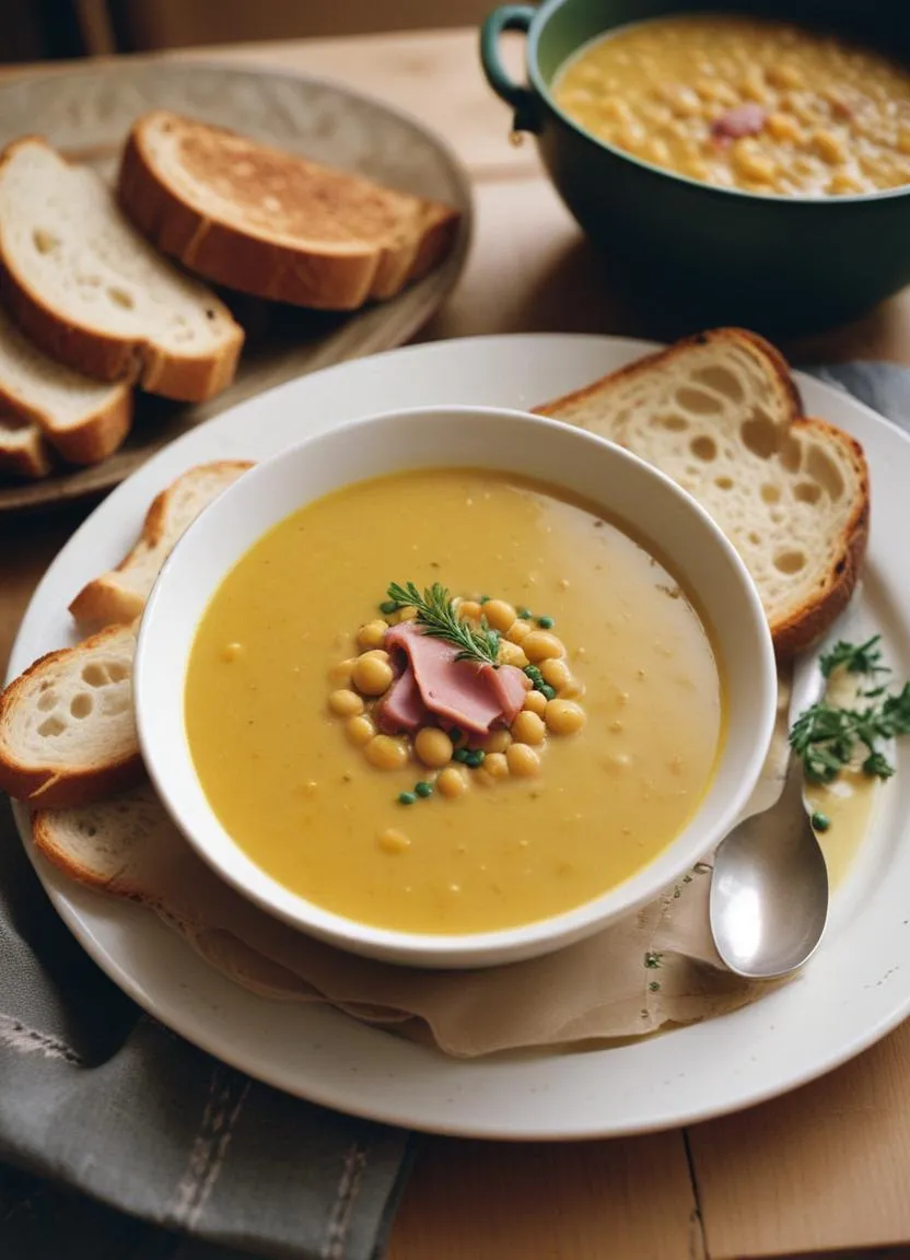 A comforting Swedish yellow pea soup (ärtsoppa) with tender pork, garnished with fresh parsley, served with pancakes on the side.