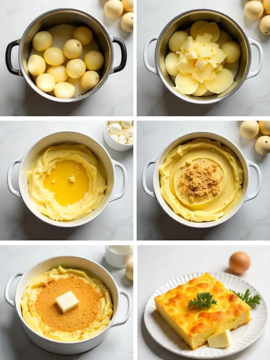 Step-by-step photos showing how to make Finnish mashed potato casserole (Perunasoselaatikko), from boiling and mashing potatoes to baking with a breadcrumb topping.