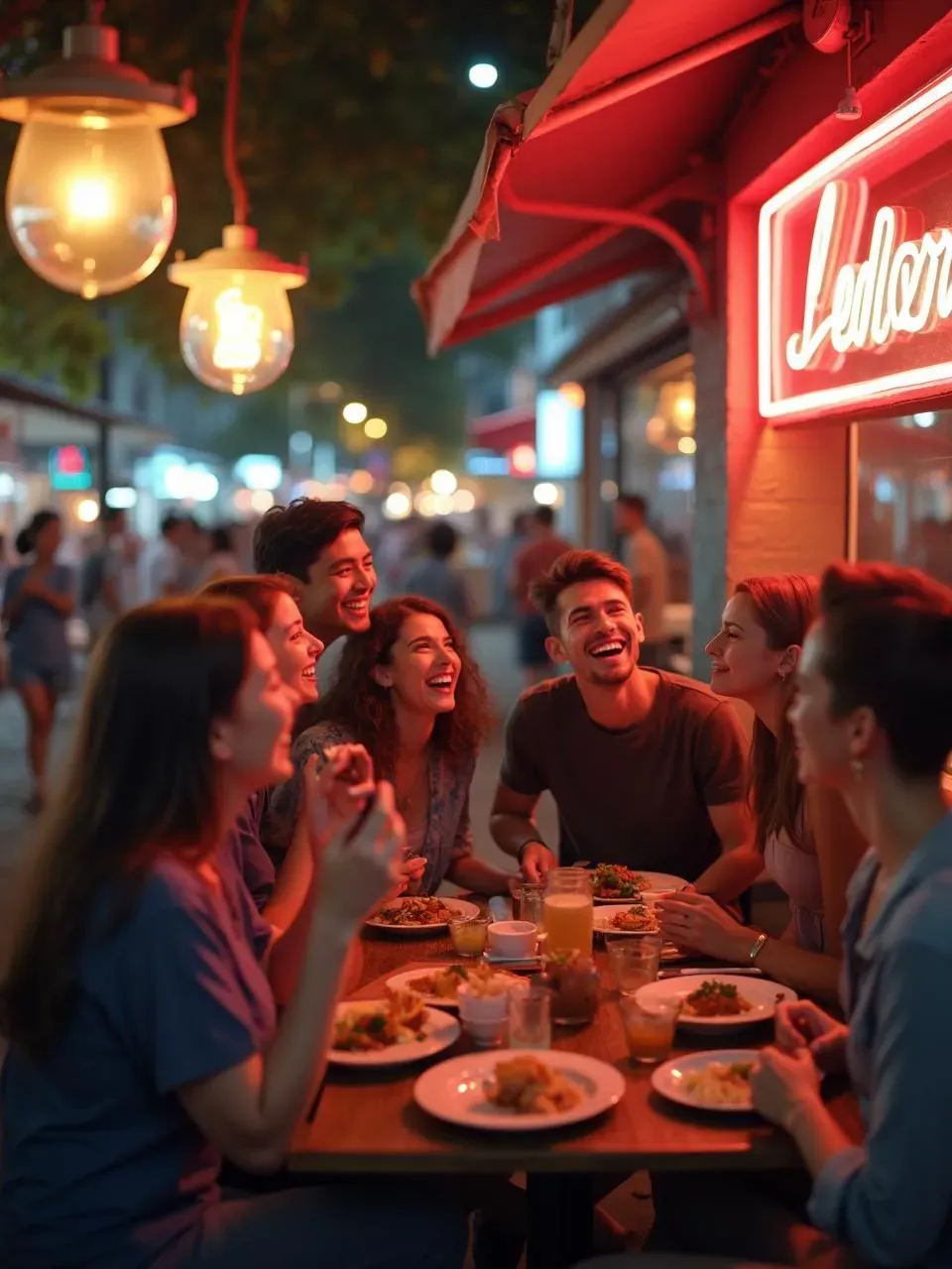 Photorealistic image showing young people choosing between a trendy restaurant and casual street food, influenced by social trends and peer preferences.