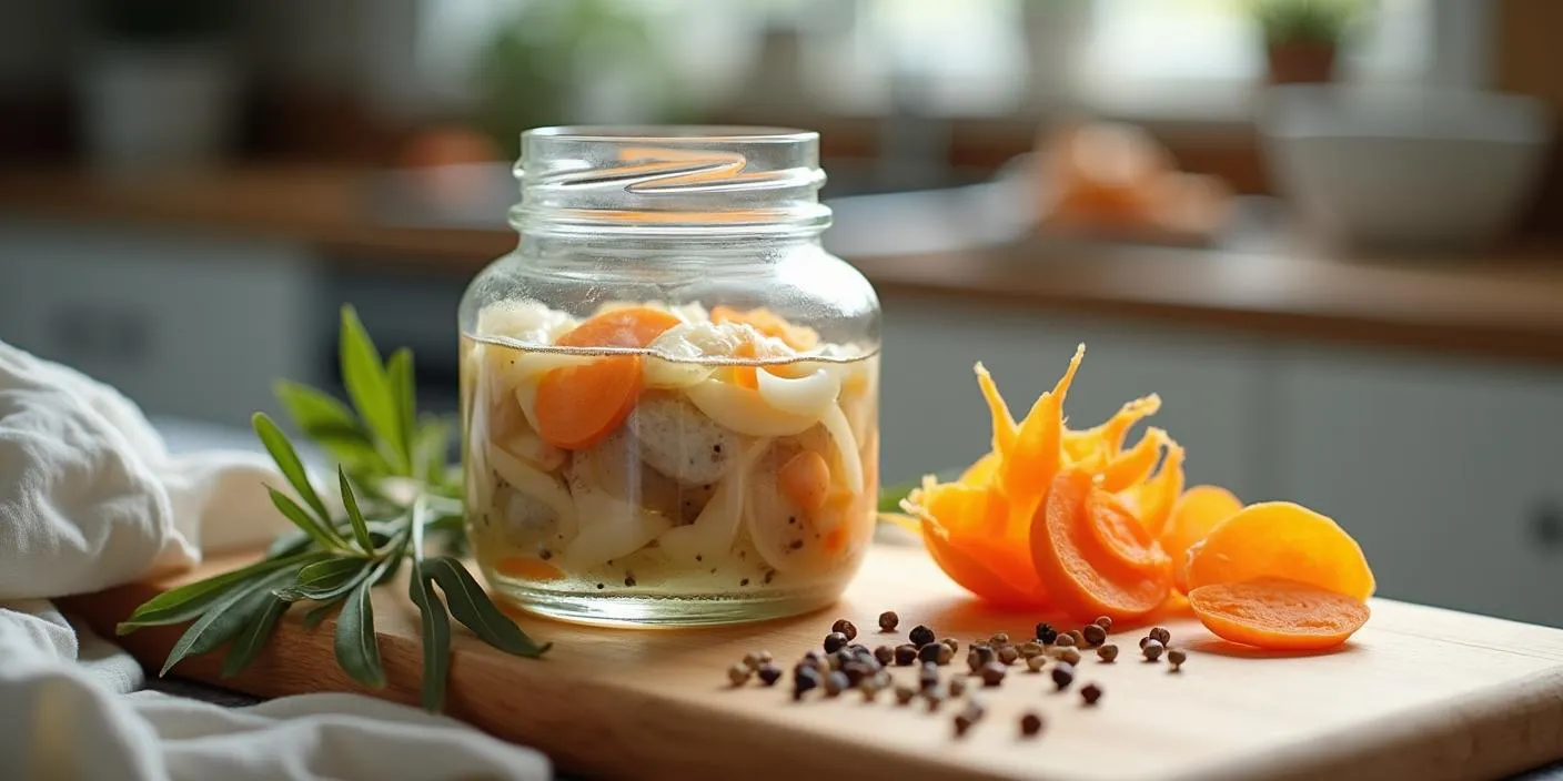A glass jar of traditional Norwegian sursild - pickled herring fillet in clear brine with onion, peppercorns, carrots and bay leaf on a wooden board