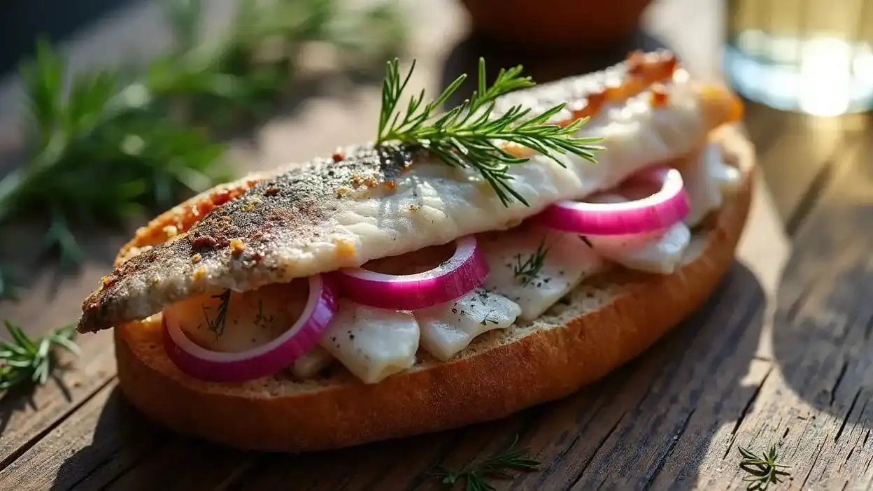 Butkrbrod with Scandinavian smørbrød with sursild (pickled herring), red onion, dill and rye bread