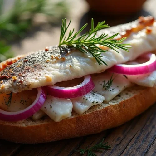 Butkrbrod with Scandinavian smørbrød with sursild (pickled herring), red onion, dill and rye bread