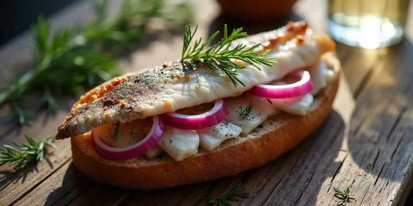 Butkrbrod with Scandinavian smørbrød with sursild (pickled herring), red onion, dill and rye bread