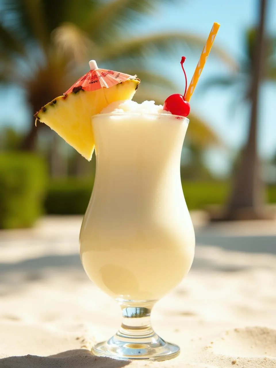 Classic Piña Colada cocktail with rum, coconut cream, and pineapple juice, garnished with pineapple, cherry, and an umbrella in a hurricane glass.
