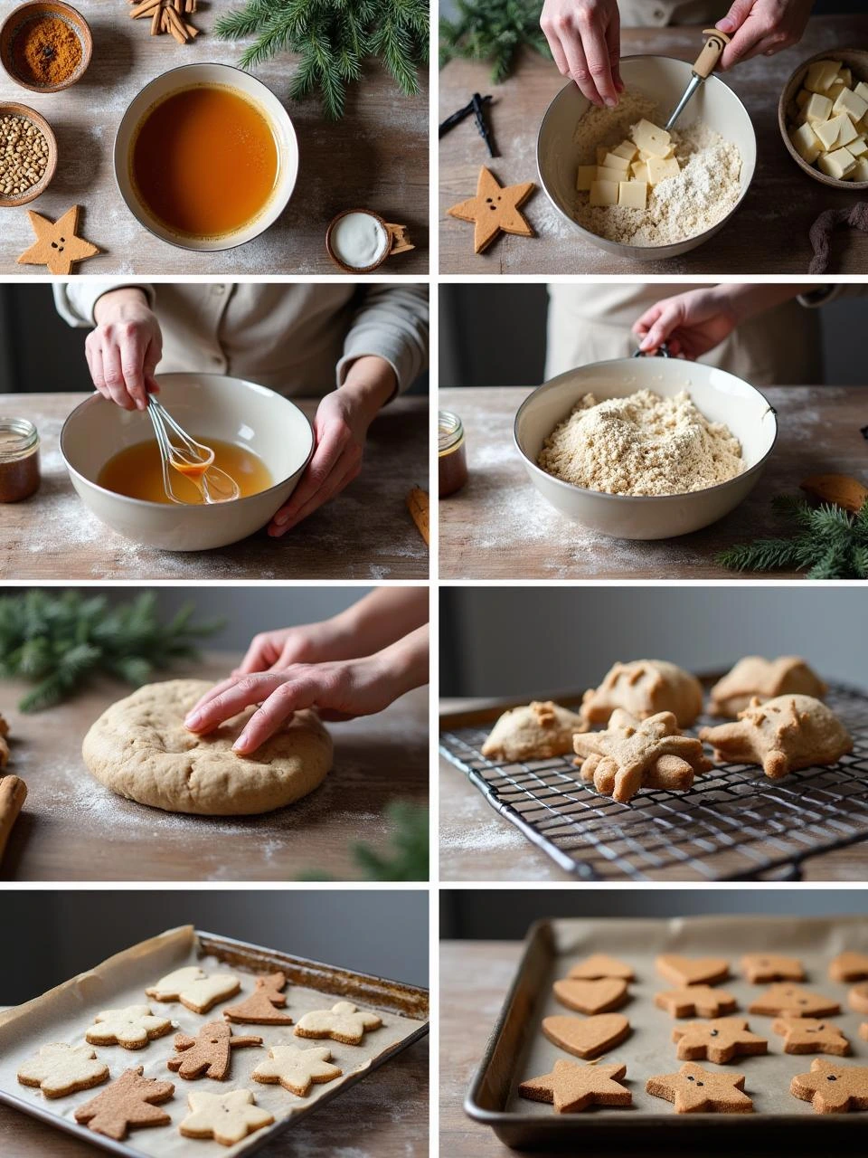 Step-by-step preparation of traditional Finnish gingerbread cookies (piparkakut), from mixing dough to baking and decorating