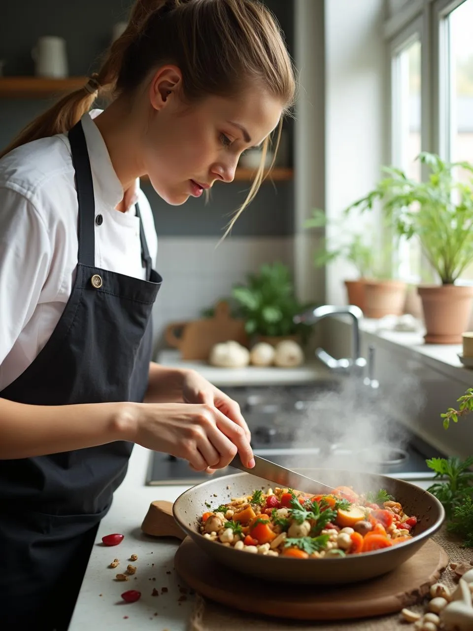 Chef cooking a plant-based meal with mushrooms, beans, and nuts in a clean, modern kitchen.