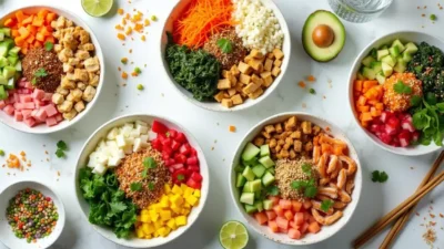 Flat-lay image of assorted poke bowls featuring spicy tuna, salmon, tofu, shrimp, and dragon fruit with toppings like avocado, edamame, cucumber, and sesame seeds, arranged on a bright table for a healthy recipe blog.