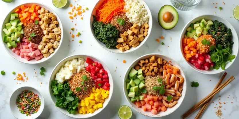 Flat-lay image of assorted poke bowls featuring spicy tuna, salmon, tofu, shrimp, and dragon fruit with toppings like avocado, edamame, cucumber, and sesame seeds, arranged on a bright table for a healthy recipe blog.