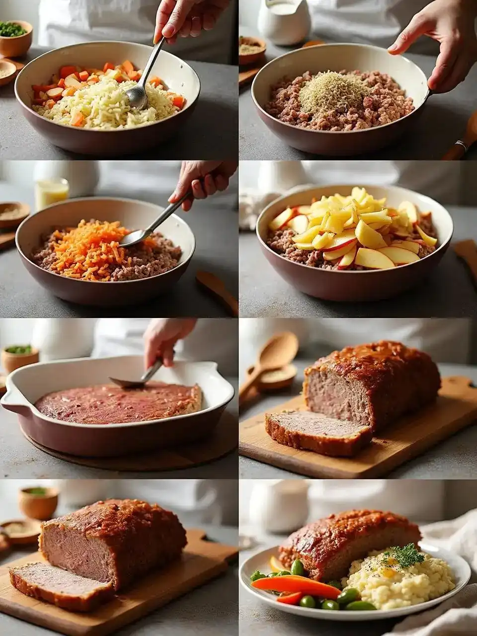 Step-by-step visual guide showing how to make Pork and Apple Meatloaf, from sautéing vegetables to mixing ingredients, layering apples, baking, and serving with side dishes.