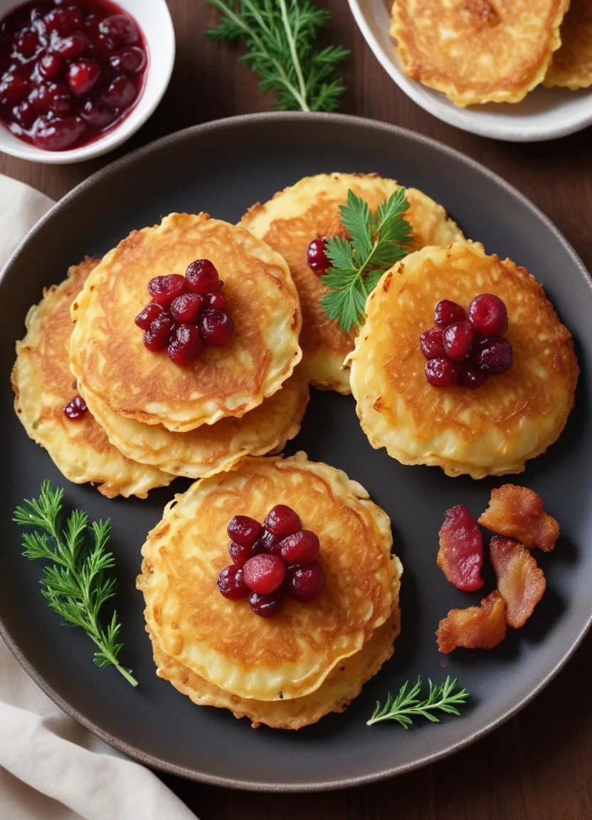 Golden-brown raggmunk, a traditional Swedish potato pancake, served with a side of crispy bacon and sweet lingonberry jam.
