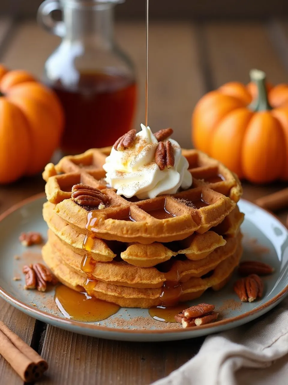Stack of pumpkin spice waffles with maple syrup, whipped cream, and toasted pecans, styled with autumn decorations and warm lighting.