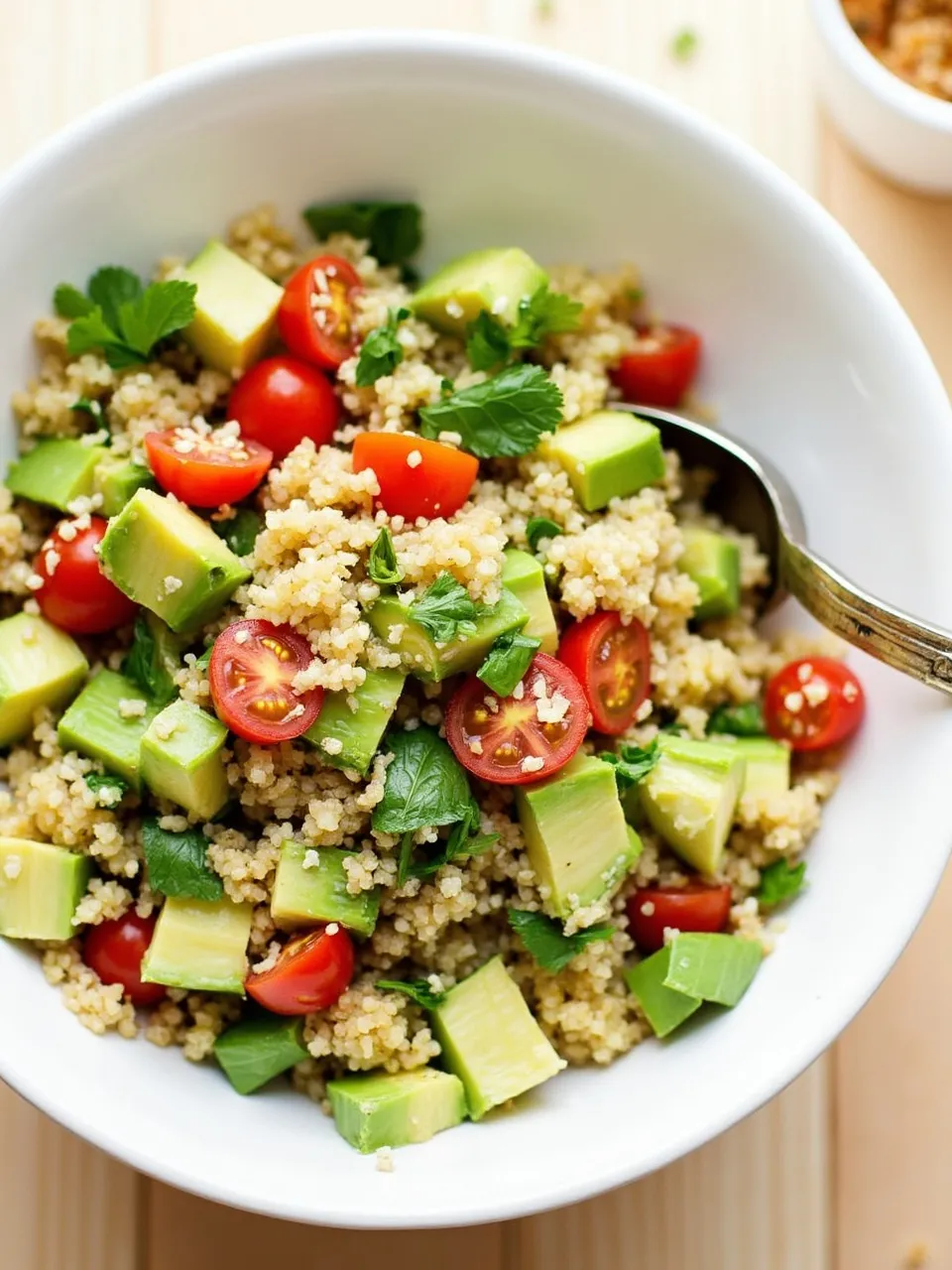 A fresh quinoa salad with creamy avocado, cherry tomatoes, and green herbs served in a white bowl, highlighting a nutritious and colorful dish.